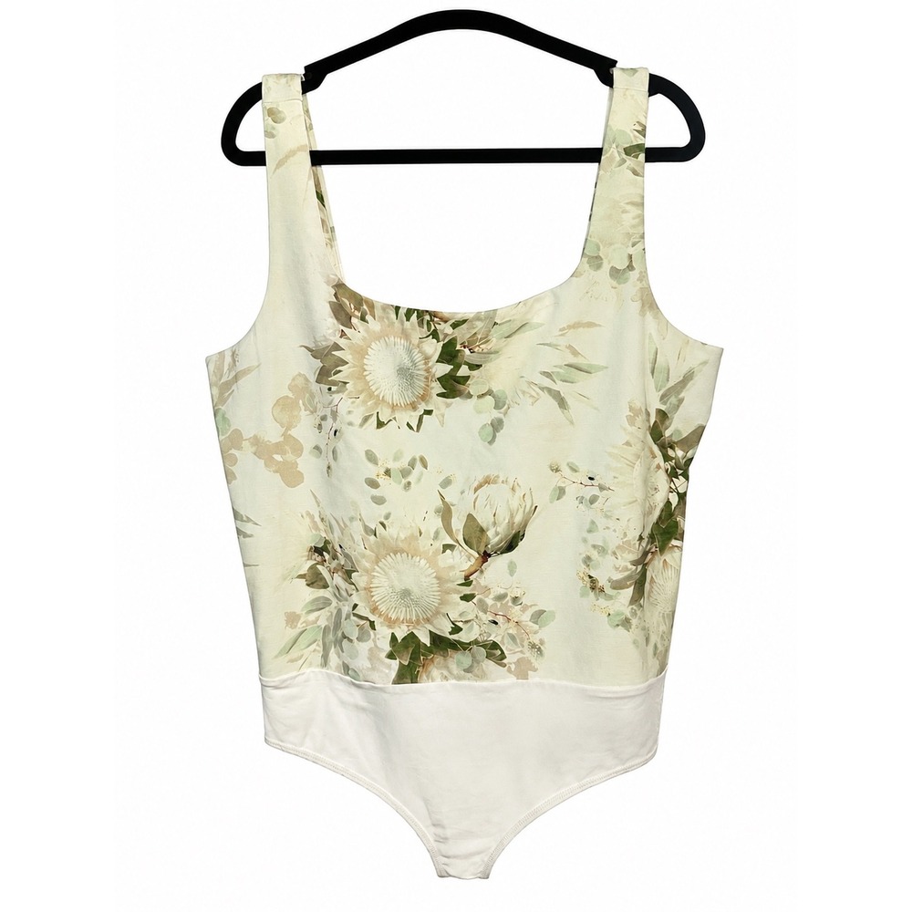 Express Body Contour Floral Square Neck Bodysuit Cream Green XL NWT - Picture 3 of 7